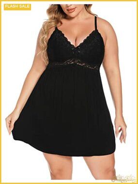 Plus Size Lace Chemise Nightgown Women V-Neck Full Slip Babydoll Sleepwear